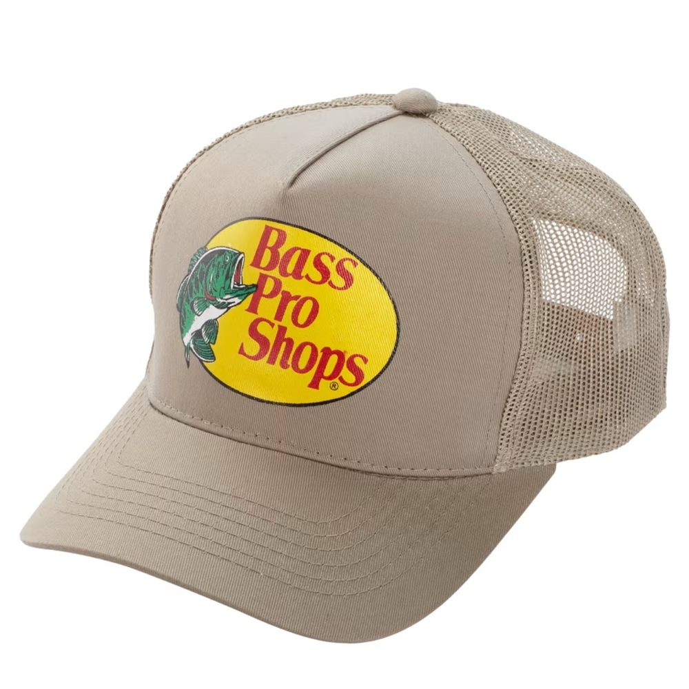 Bass Pro Shops Tan Mesh Trucker Hat with Yellow Logo